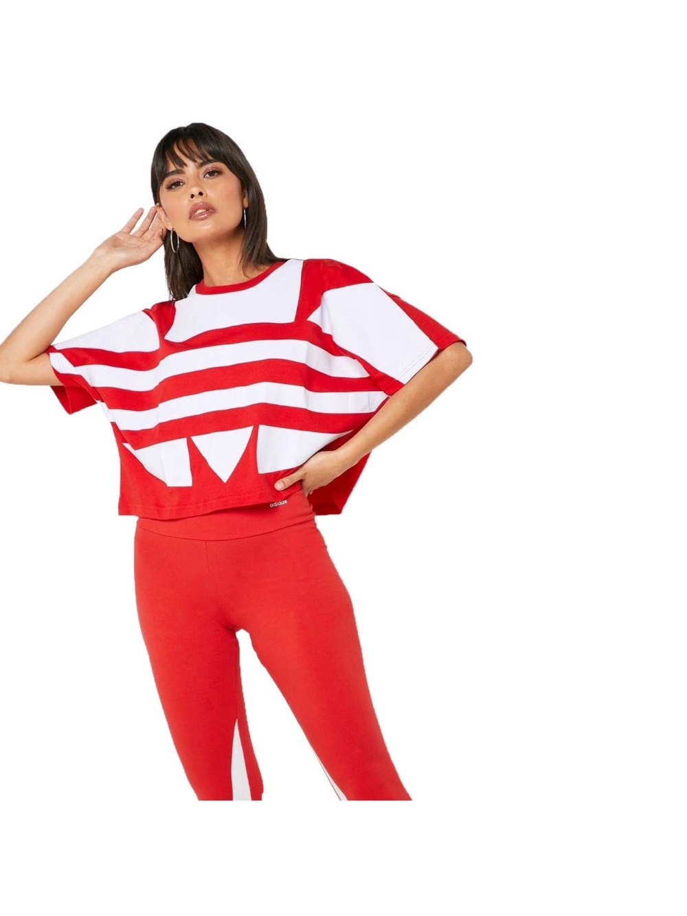 adidas Originals Red and White Cropped Striped Tee